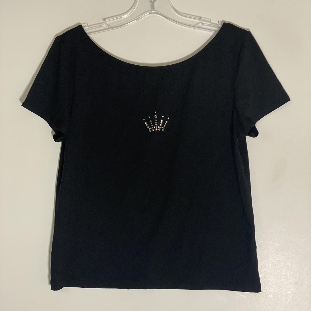 Marks & Spencer Top Womens Large UK 14 Black Rhinestone Crown Tee Shirt Stretch